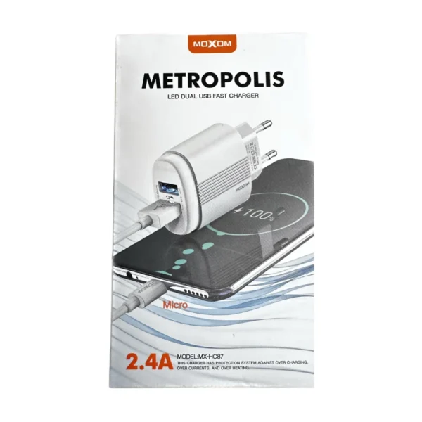 Φορτιστής Moxom Metropolis MX-HC87 με 2 Θύρες USB-A και Καλώδιο micro USB Λευκός
